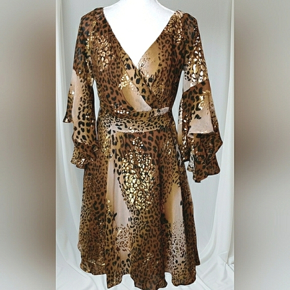Boho Chic Size 18 Gold Party Dress Animal Print Bell Sleeve Faux Wrap Shimmering - Picture 1 of 9